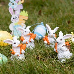4 Easter Rabbit Figurines White Resin Decorative Bunnies with Carrots Home Decor